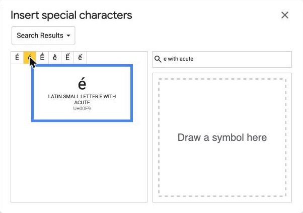 The same dialog with the pointer on é and a preview reading LATIN SMALL LETTER E WITH ACUTE and U+00E9