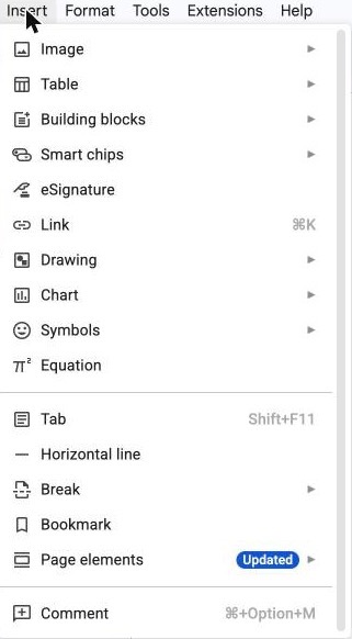 The Google Docs Insert menu, open, listing Image, Table, Building blocks, Smart chips, Link, Drawing, Chart, Symbols and Equation
