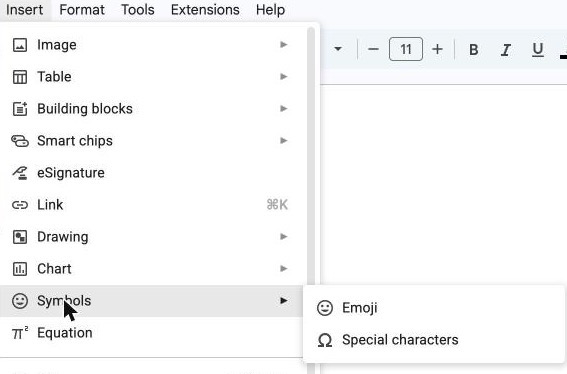The Insert menu with Symbols highlighted and a submenu beside it holding Emoji and Special characters