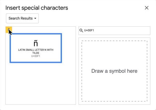 The Insert special characters dialog with U+00F1 in the search box and one result, ñ, named LATIN SMALL LETTER N WITH TILDE