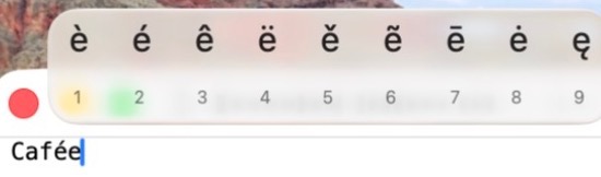 The macOS accent menu over a TextEdit line, offering è é ê ë ě ẽ ē ė ę with the numbers 1 to 9 under them
